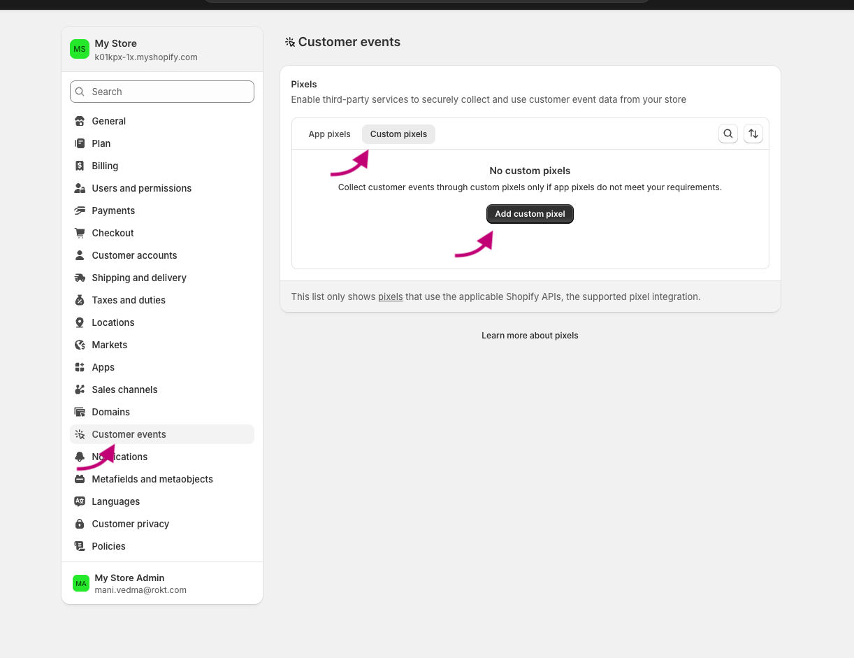 Admin Shopify : Événements clients et Pixels personnalisés