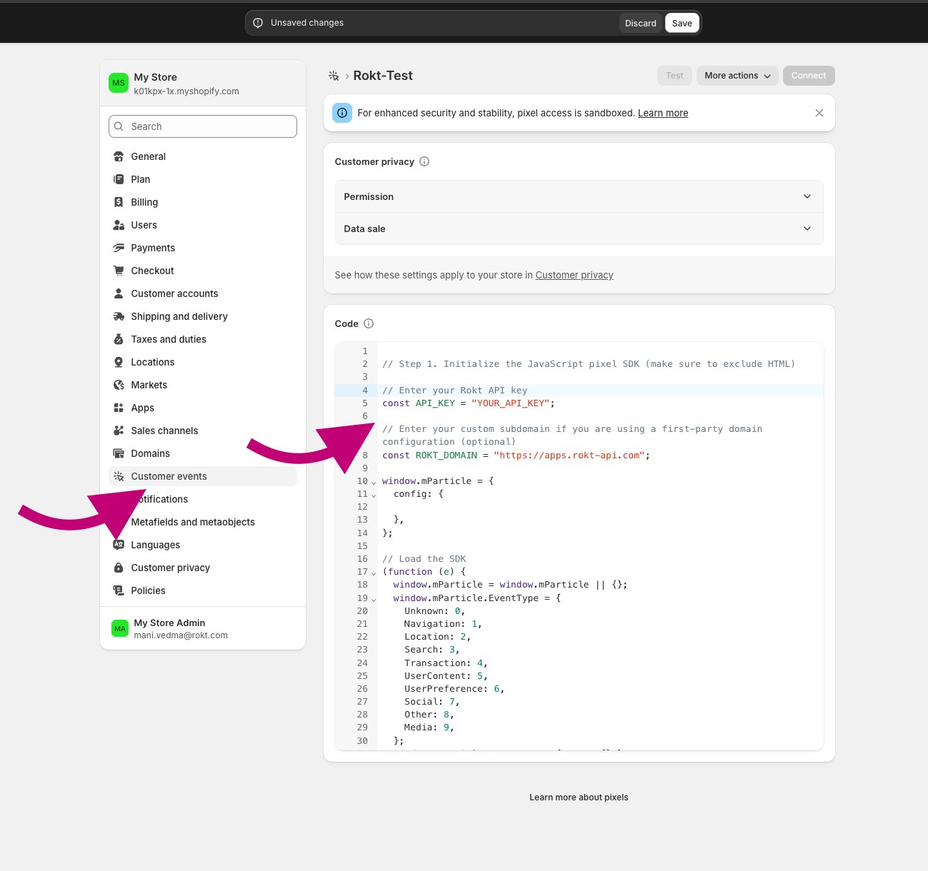 Admin Shopify : Événements clients et Pixels personnalisés